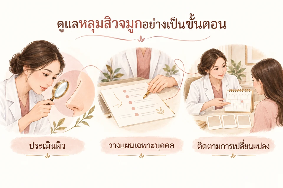 ภาพประกอบการดูแลหลุมสิวจมูกสามขั้นตอน: ประเมินผิว วางแผนเฉพาะบุคคล และติดตามการเปลี่ยนแปลง