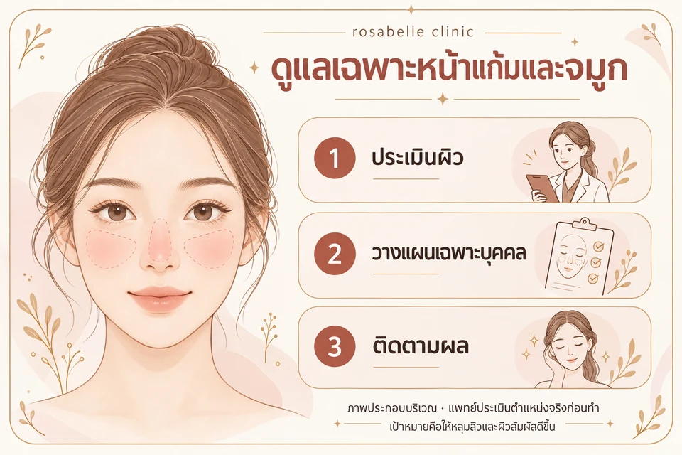 ภาพวาดประกอบบริเวณหน้าแก้มและจมูก พร้อมแนวทางประเมินผิว วางแผนเฉพาะบุคคล และติดตามผล