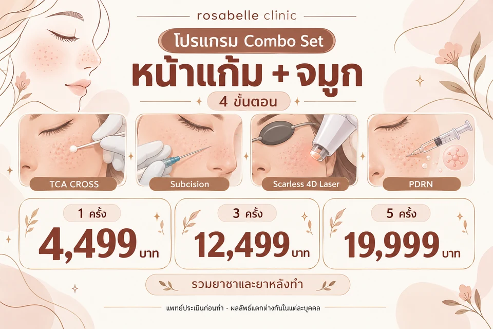 ภาพประกอบโปรแกรม Combo Set หน้าแก้มและจมูก 4 ขั้นตอน ราคา 1 ครั้ง 4,499 บาท 3 ครั้ง 12,499 บาท และ 5 ครั้ง 19,999 บาท รวมยาชาและยาหลังทำ โดย rosabelle clinic